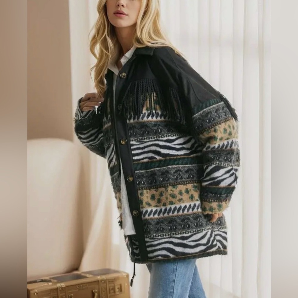NWT!Plus Size Fringe Button Down Long Sleeve Loose Fit Jacket Sizes 1X 2X 3X - Picture 4 of 8